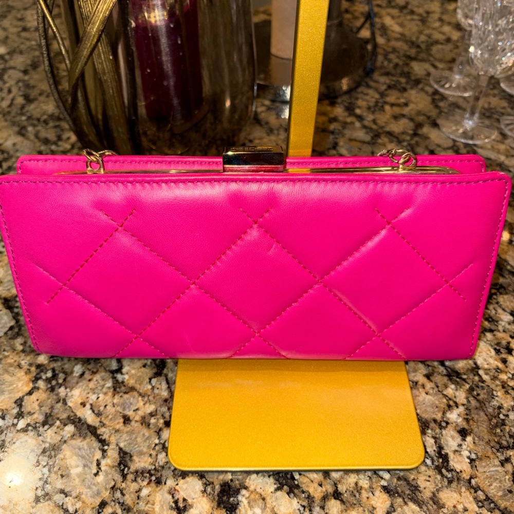 Carolina Herrera Fuchsia Quilted Clutch with Gold Strap - Picture 3 of 5